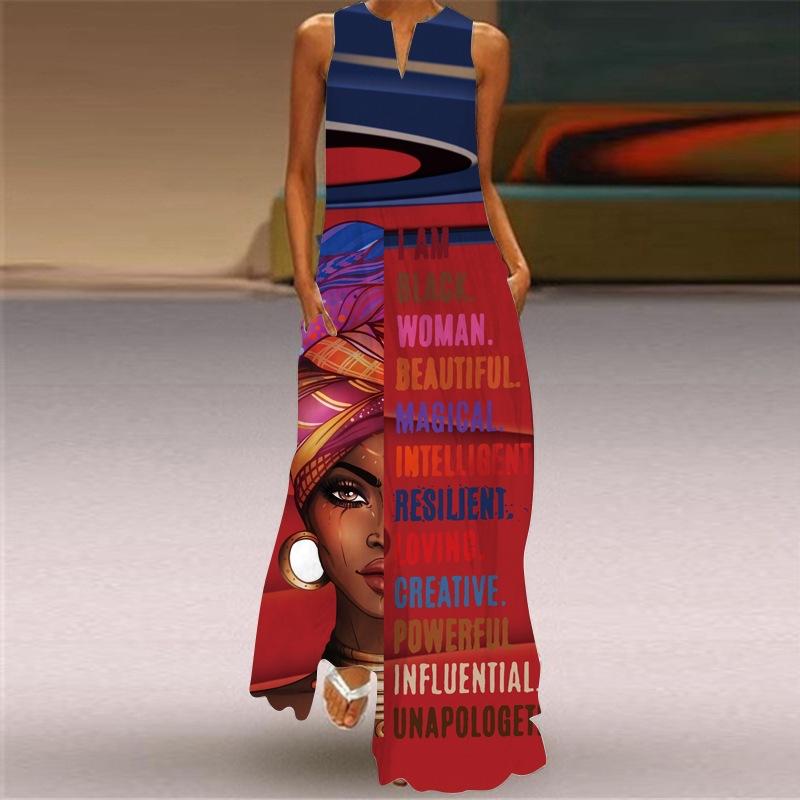 Women's V Neck Sleeveless Maxi Dress Loose Fit Elastic Waist Ethnic Vintage African Figure Print Long Dress