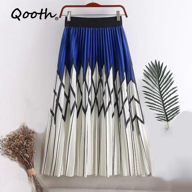 Qooth Spring Summer Women Casual Midi Skirts Rhombus Printing Patchwork Skirt High-waisted A-line Skirt