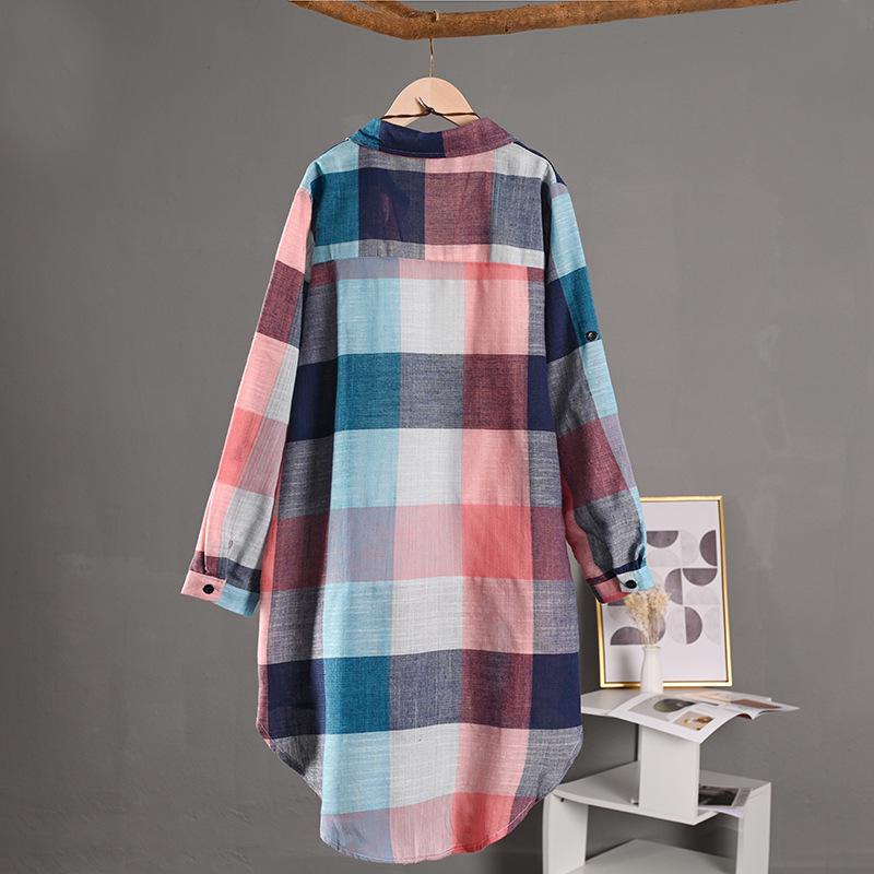 Women's Plaid Long Sleeve Sun Protection Shirt – Loose, Plus Size, Cotton Linen Jacket