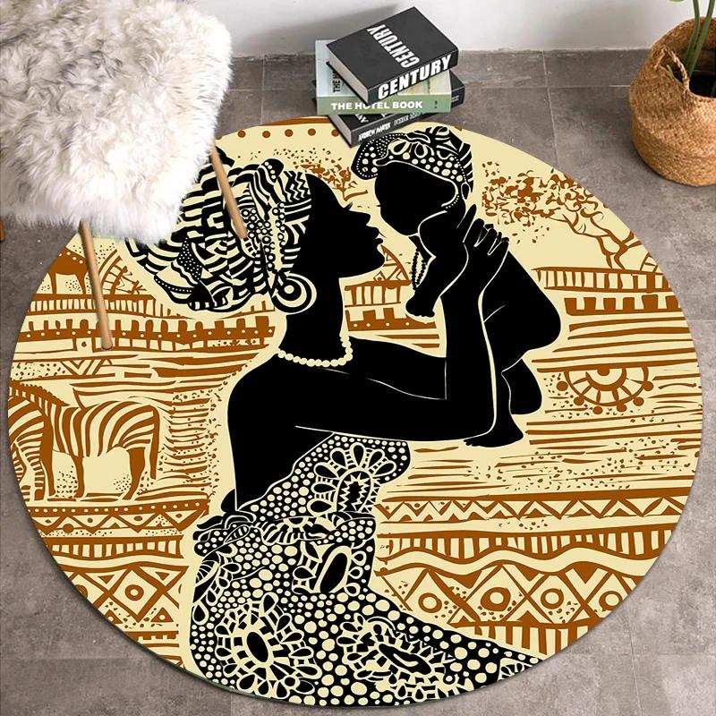 African Women Print Round Carpet Non Slip Area Rug for Living Room Bedroom Balcony Kitchen Decor Traditional Floor Mat Yoga Mats