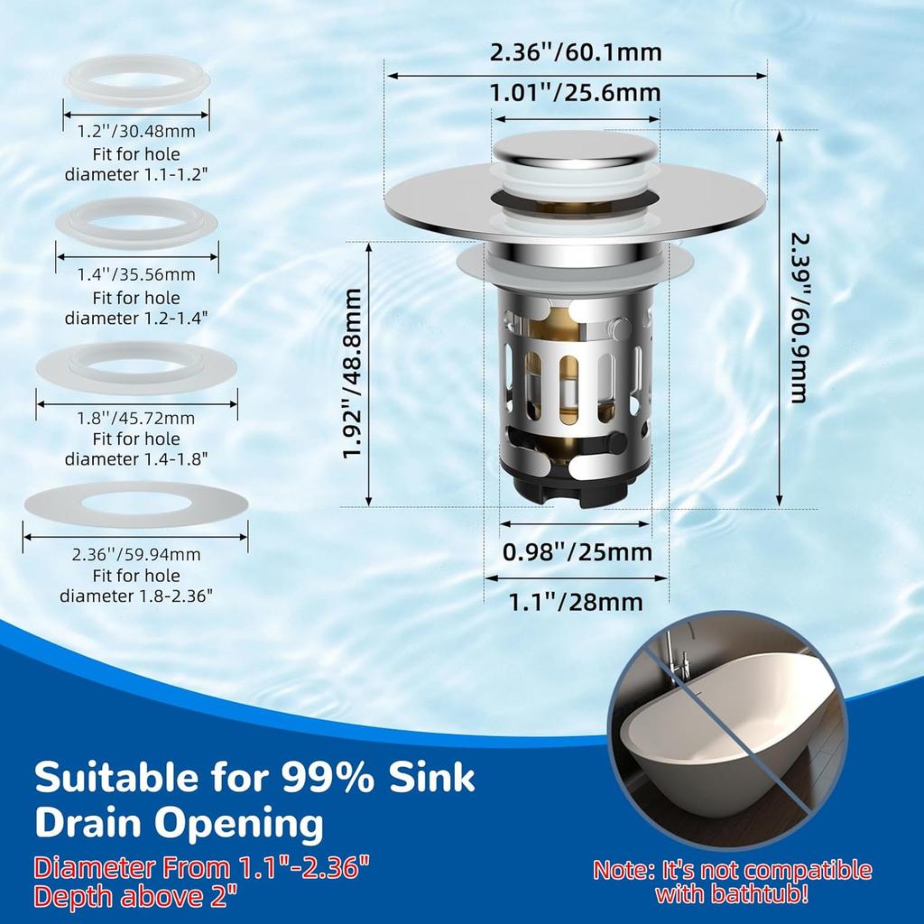 Upgraded 3 in 1 Bathroom Sink Drain Strainer, Universal Pop Up Stopper with Stainless Steel Hair Catcher Filter, Brass Core Chrome for 1.1''-2.36'' Ba