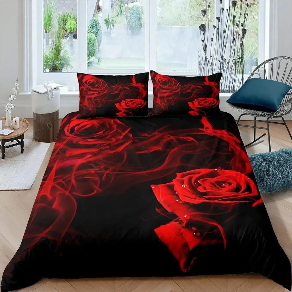 Růžová sada povlečení pro ženy Elegantní fialový květinový potisk Ložní sada Romantické květiny Třpytky King Size povlak na přikrývku Pro páry