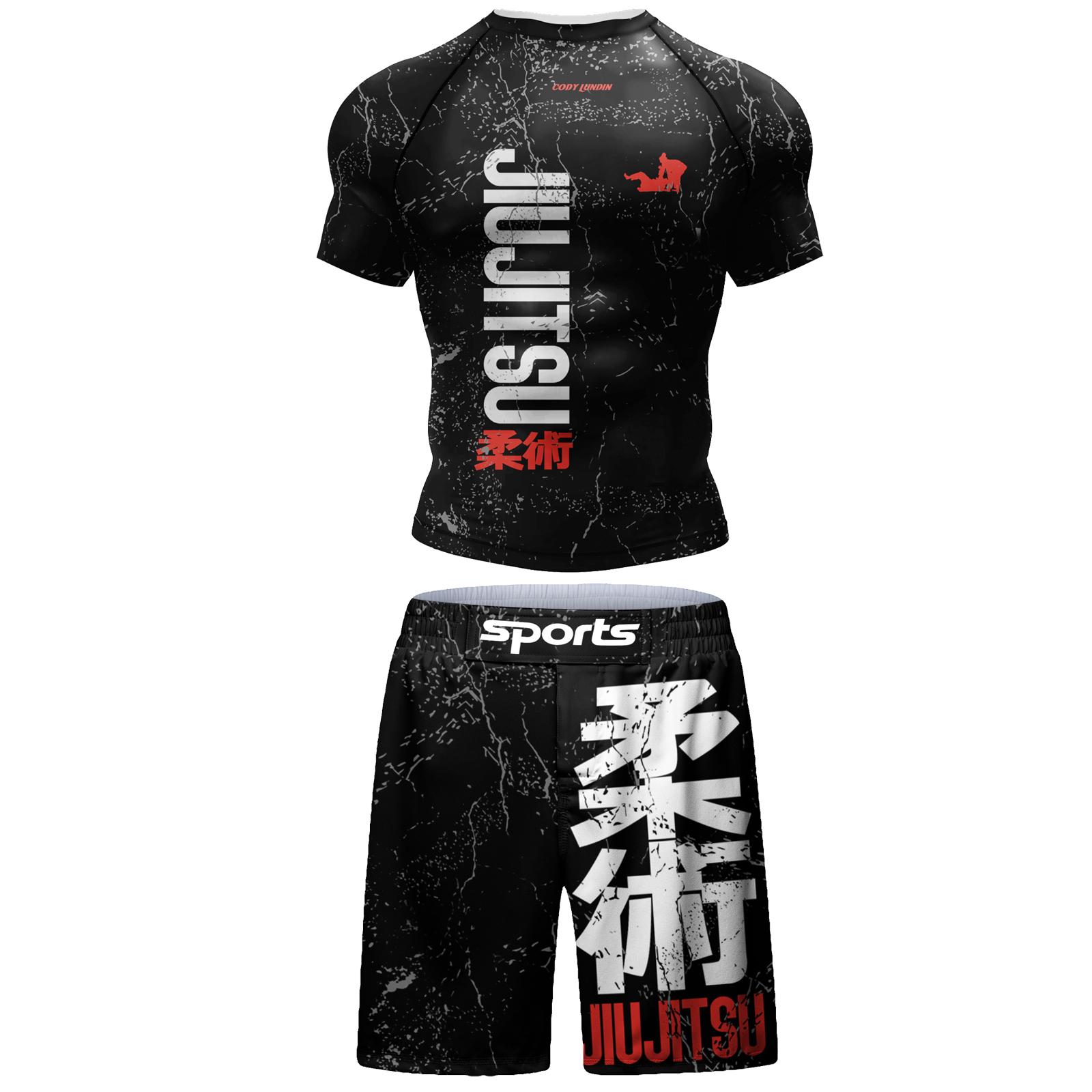 

Bodybuilding Surf Wear Short Sets For jiu jitsu Bjj No Gi Rashguard+Grappling Shorts Cool Westling stretchy Running Skin Clothes S