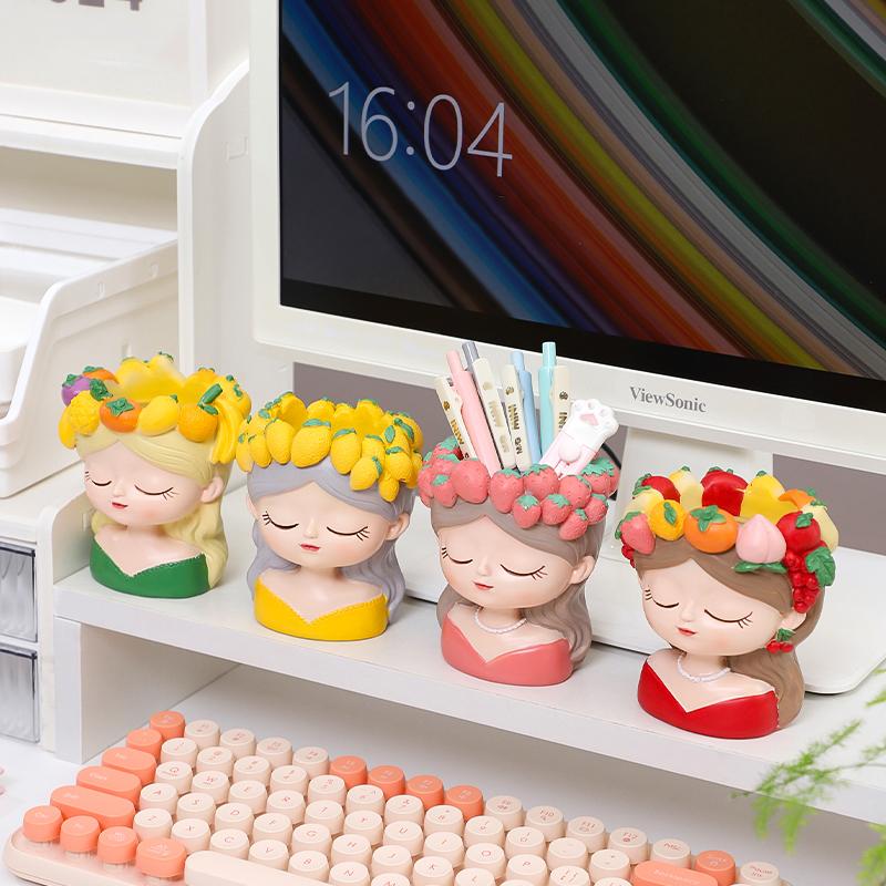 Charming Girl & Fruit Harvest Mini Planter, Cute Decorative Flower Pot for Succulents & Small Indoor Plants for Desk Decor