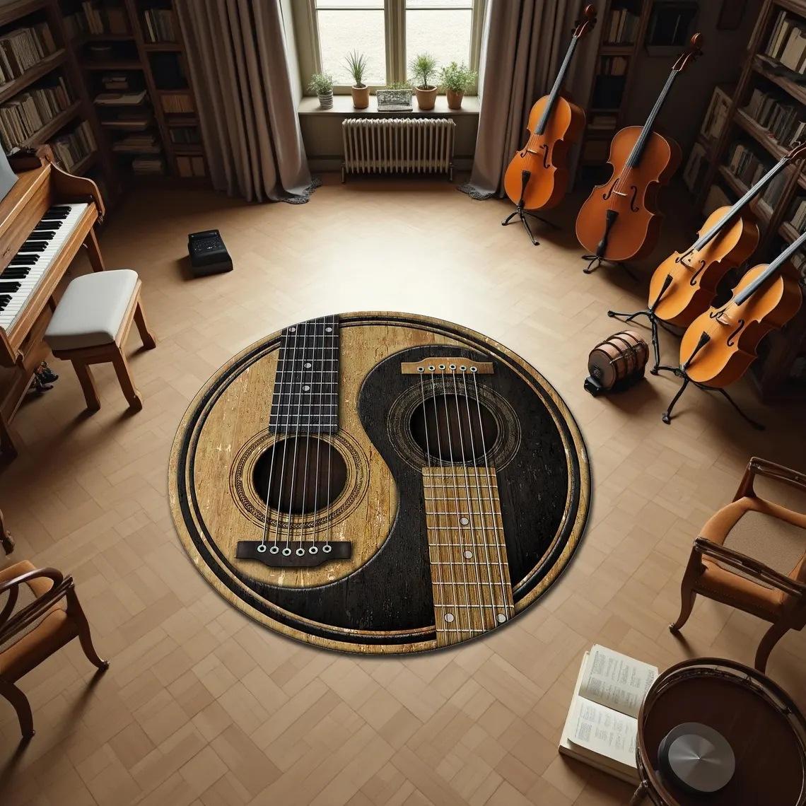 Musical Instruments Round Rug – Artistic Guitar Piano Keyboard Design Non-Slip Carpet for Living Room Home Decor Diameter 60cm