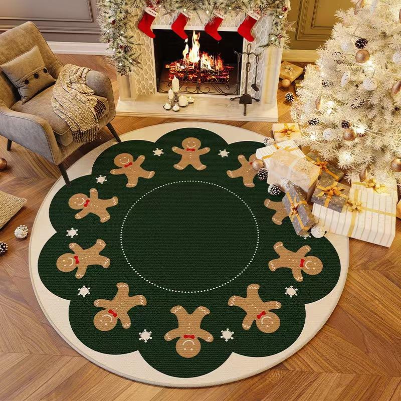 Round Christmas Area Rug Xmas Bow Wreath Merry Christmas Print Non‑Slip Floor Mat Living Room Holiday Home Decor
