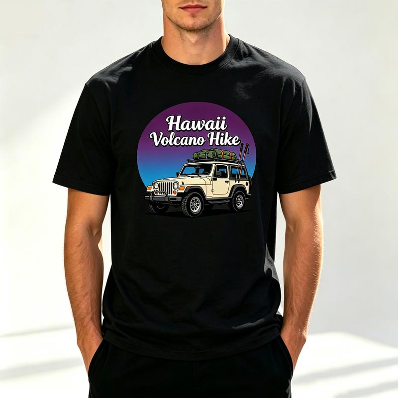 Hawaii Volcano Hike T Shirt Off Road Adventure Graphic Tee Retro Sunset Mountain Outdoor Cotton Short Sleeve for Unisex