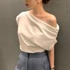 Korean Chic Tops In Summer New Niche Irregular Off-shoulder Design Loose Solid Color Pullover Short-sleeved T-shirt