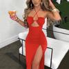 Sexy High Split Drawstring Hanging Neck Style Long Dress