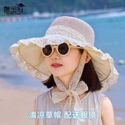 Children's Hat Summer Outdoor Travel Sunscreen Hat Hollow Breathable Straw Visor Lace Large Brim Bucket Hat
