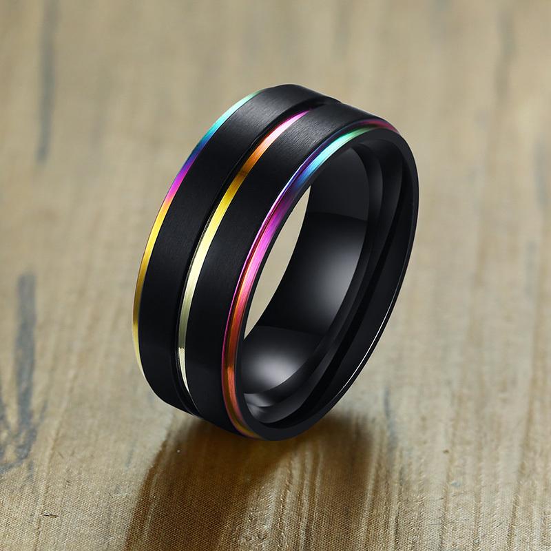 Vnox 6/8mm Svart Ring för Män Kvinnor Spår Regnbåge Rostfritt Stål Vigselringar Trendiga Broderskapsringar Casual Herrsmycken