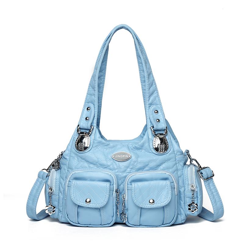 

1Pc Summer Fashion Blue Shoulder Bags for Women Small Shopper Bag Solid Color Soft Leather Crossbody Handbag Lady Travel Tote Bag
