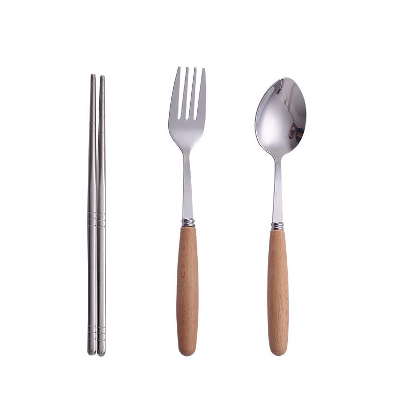 Wooden-Handled Cutlery Set Stainless Steel Spoon Fork And Chopsticks Set Three-Piece Cutlery Box Set