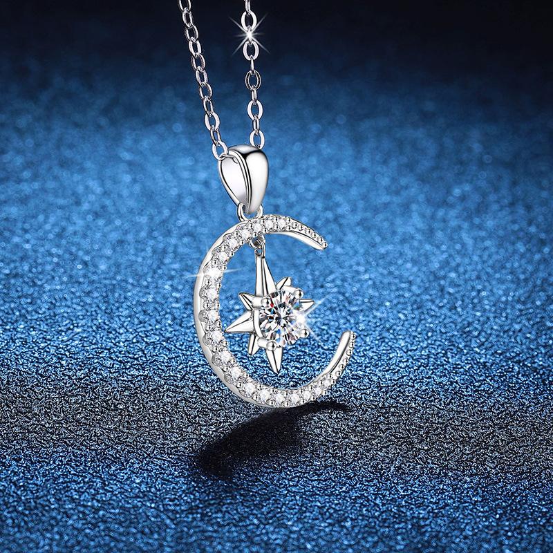 Real Moissanite Necklace for Women Sterling Silver Moon Star Diamond Pendant Necklace Bridal Fine Jewelry