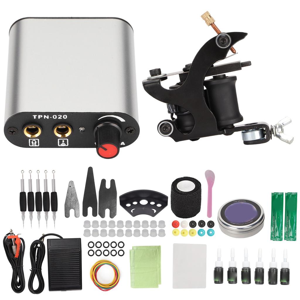 Coil Tattoo Machine Kit Power Supply Practice Skin Ink Repair Cream Foot Pedal Novice Tool Set