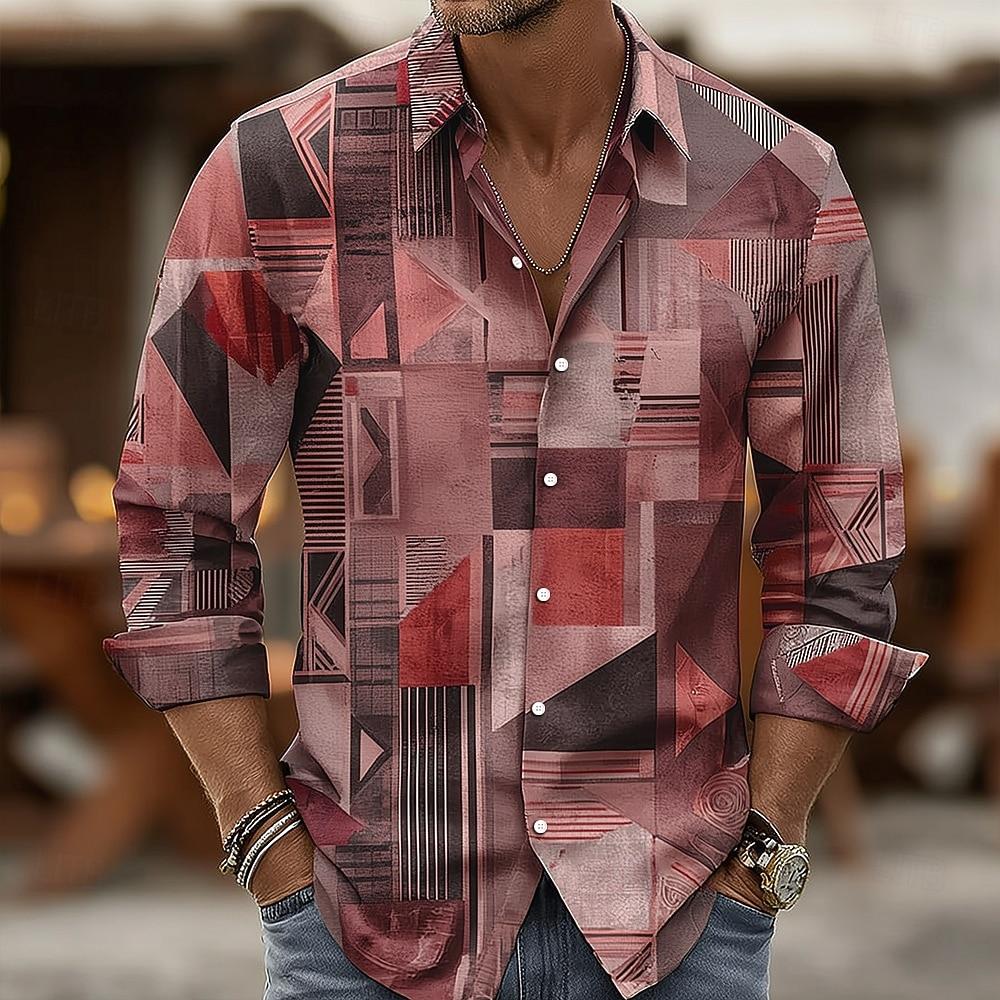 Men's Geometric Color Block Patchwork Shirt 3D Printed Shirt Button Up Shirt Casual Long Sleeve Shirt Street Blouse for Mens