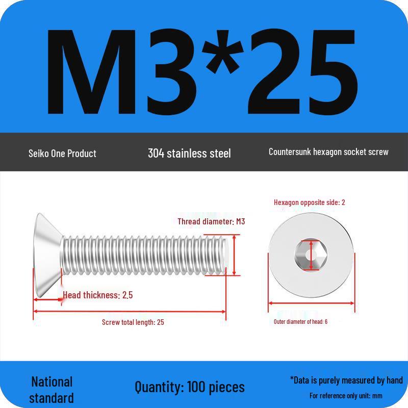 M2-M10 Stainless Steel Flat Head Machine Screws and Bolts Set, Countersunk Hex Socket Cap, 304 Grade.