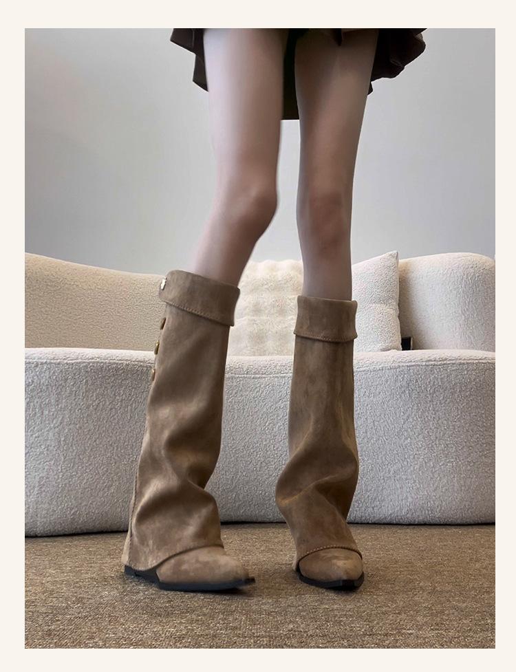 Verze z ovčí kůže ~ malé voňavé boty na klínku s špičatou špičkou dámské boty 2025 retro kozačky po kolena jezdecké boty