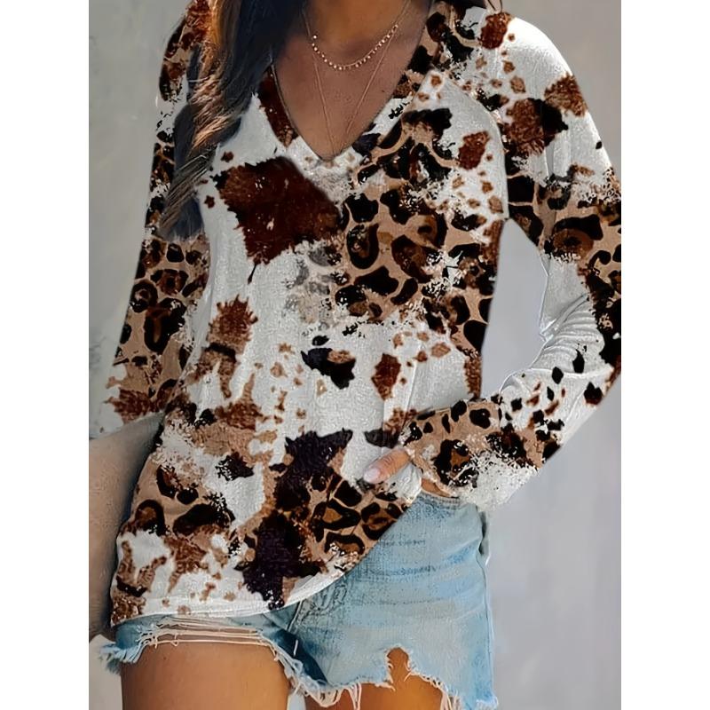 Aztec Print Long Sleeve T-shirt, Western Style V Neck Ethnic T-shirt, Women's Clothing