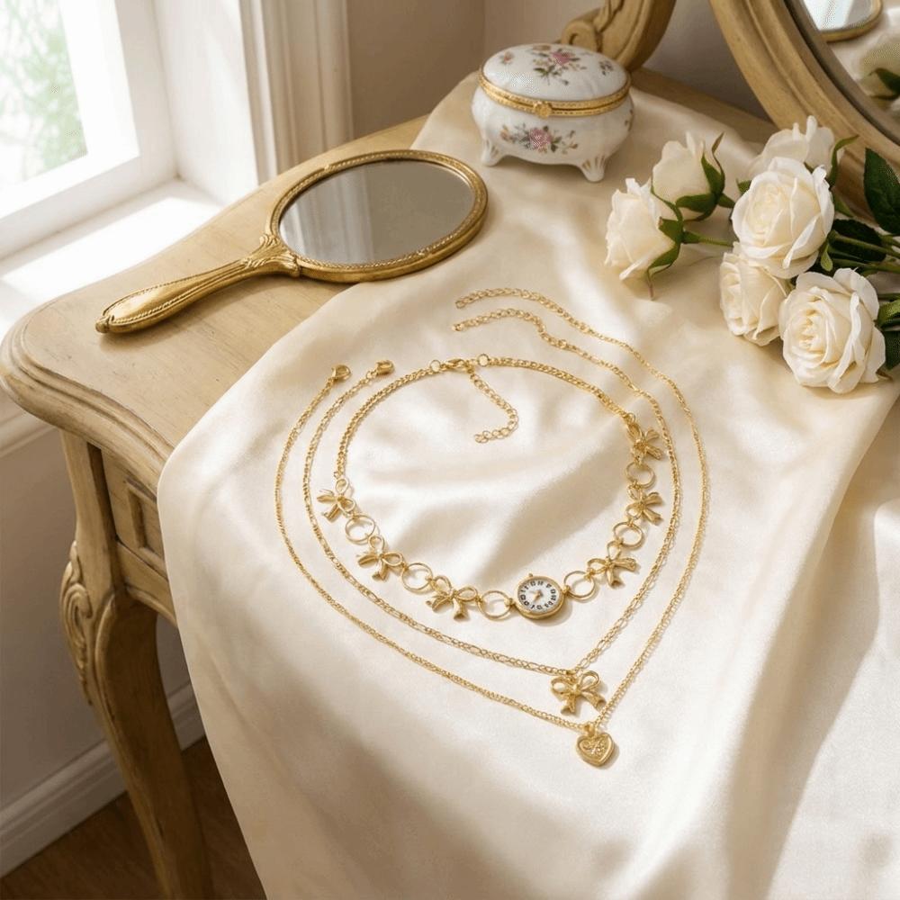 3PCS/SET Gold Color Necklace Set Metal Pendant Necklace Trendy Heart Bowknot Choker  Wedding