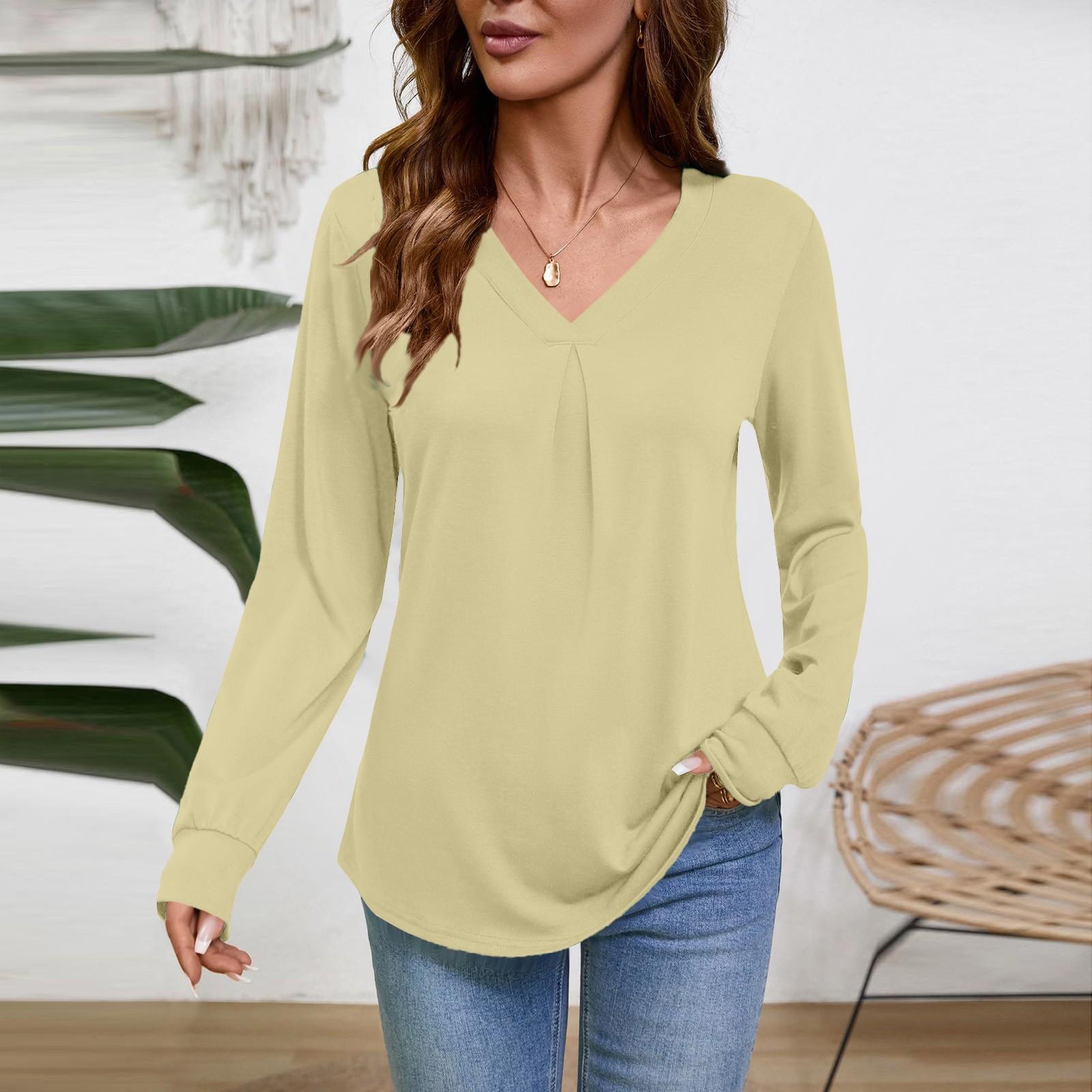 

Женская блузка с длинным рукавом и V-образным вырезом, деловая повседневная туника, топ свободного кроя, рабочая рубашка S бежевый