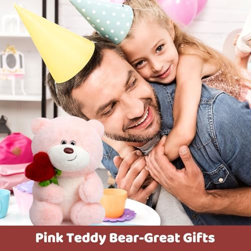 Valentine's Day Teddy Bear with Heart Rose 28cm Pink Plush Toy Stuffed Animal Birthday Gift for Girlfriend Kids