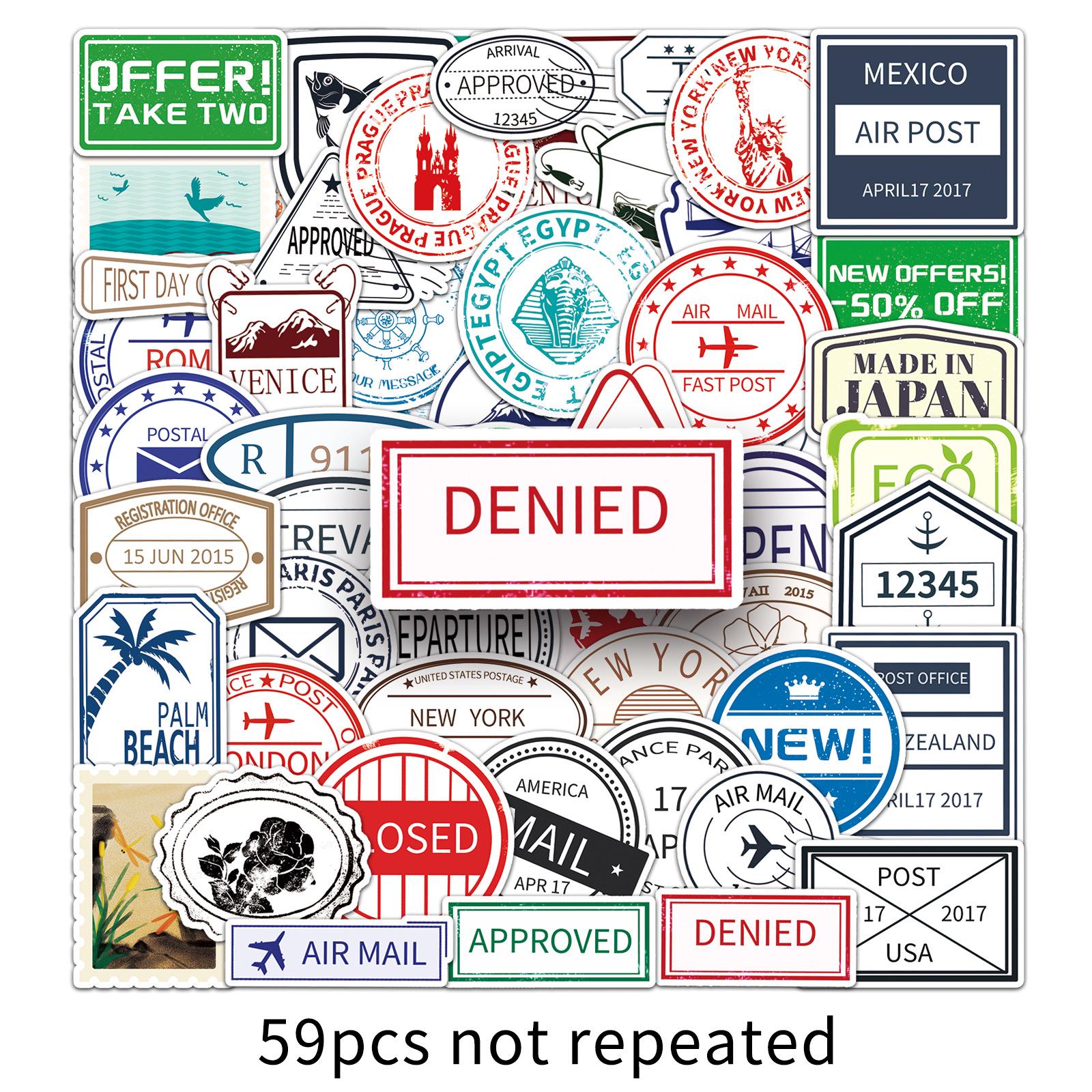 59pcs Retro Postmark Stickers - INS Style Cartoon Stamps for Suitcase Stationery & Journals