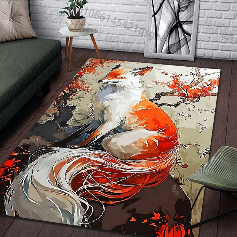 Multiple sizes Red fox long tail on rock maple Print Carpet for Living Room Bedroom Sofa Home Decor Non-slip Mat Luxury Gift