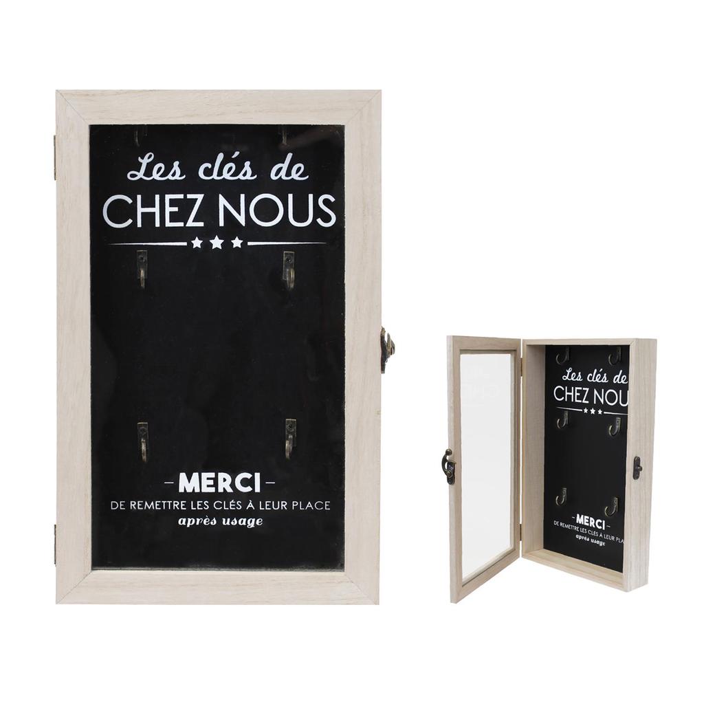 Les Trésors De Lily [Q0790] - Wooden Key Box 'Message' Black Beige (Our Keys)(6 Hooks) - 30x19x5 Cm