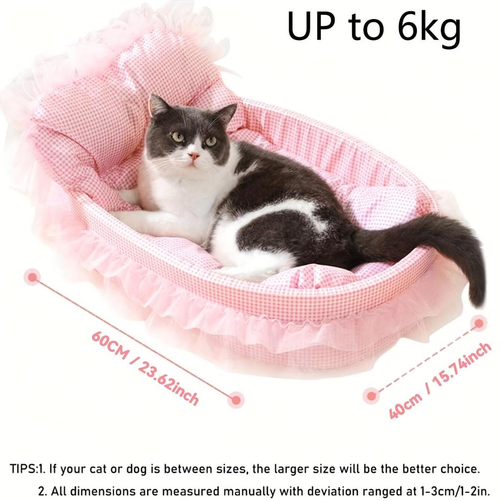 1set Cute Lace-Trimmed Pet Princess Bed - Soft Polyester Plush Oval for Small Dogs/Cats, Easy Assembly & Blue/Pink Indoor Use