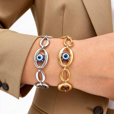 Distinctive Elliptical Devil's Eye Bracelet for Women,Stainless Steel Hand-made Chain Bracelets,Minimalist Lucky Jewelry Gift