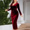 BITCED Plus Size Long Sleeve Velvet Bodycon Dress Sexy Pleated Wrap-Style Deep V-Neck Party Cocktail Gown