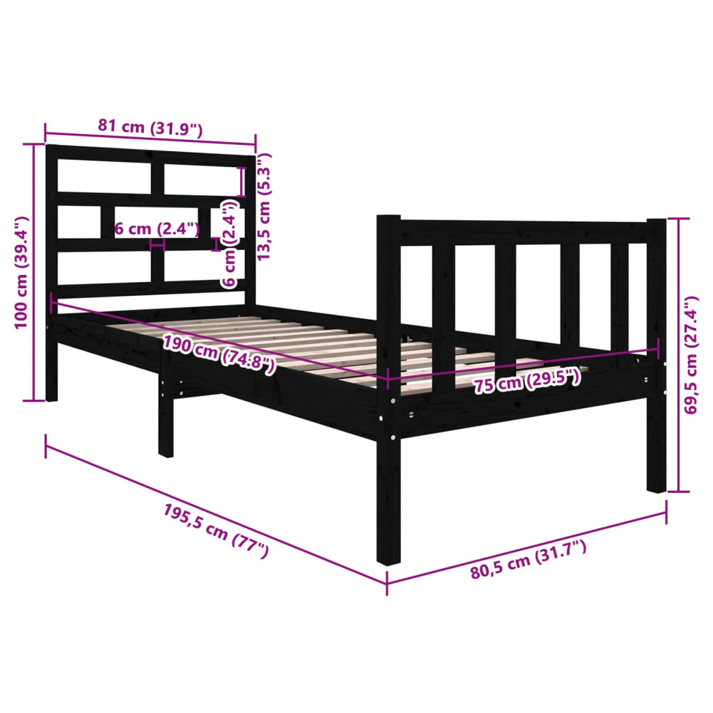 Solid Wood Bed Black Pine 75 x 190 cm