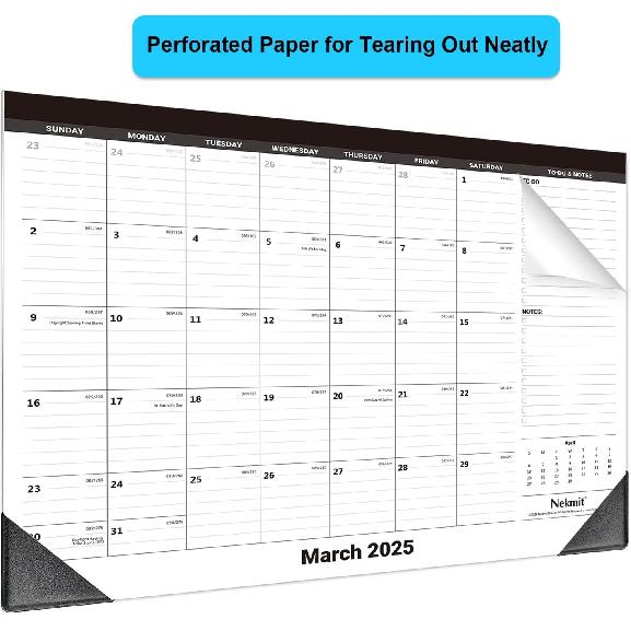 Nekmit Desk Calendar 2026, Yearly Monthly Desk Pad Calendar for Planning, Ruled Blocks, January 2026 - December 2026, 14" x 11", Black