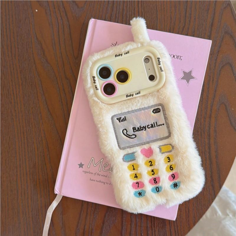 Cute Plush Phone Case for iPhone 11 12 13 14 15 16 17 Pro Max Plus Retro Game Console Design with Camera Stand Soft Fuzzy Cover