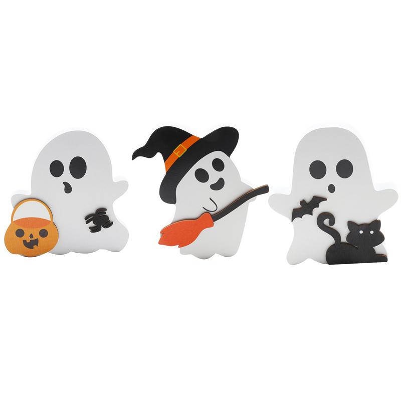 Niedliche Geister-Halloween-Dekoration für den Innenbereich, gruselige Deko, Holztablett-Dekor, Tischschild, schwarzer Katzenbesen, Kürbisblöcke für Partys, Zuhause, Regaldisplay