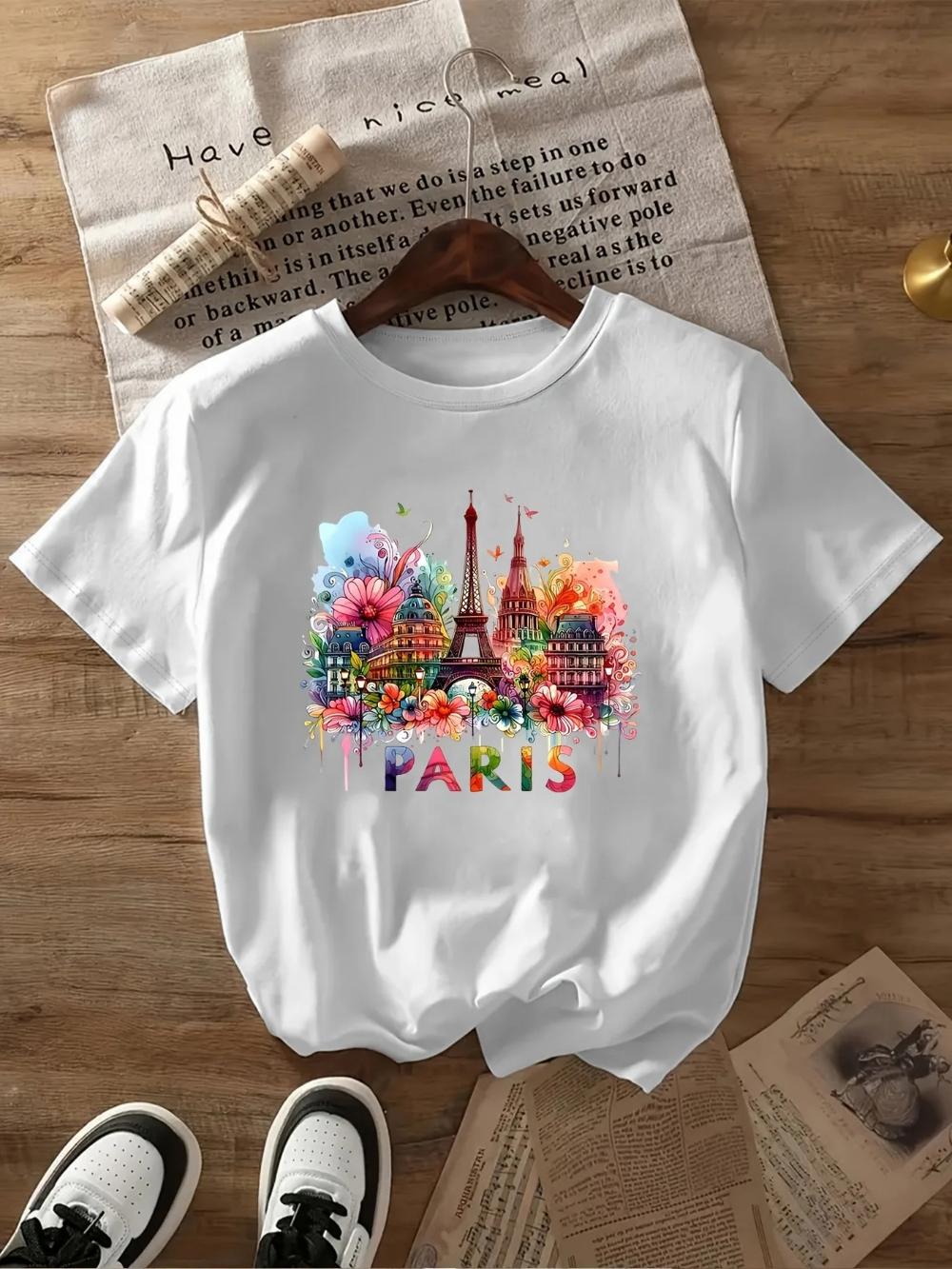 Travel Tshirt Paris Eiffel Tower Graphic Tshirt Women Casual Loose Tee Daily Streetwear Short Sleeve Top French Themed Tshirt S