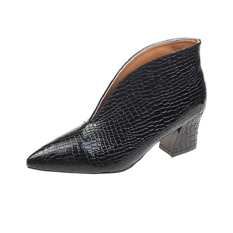 V-mouth short women's autumn and winter new European and American fashion pointed embossed thick heel Martin Women's