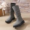 Plus Size Punk Platform Mid Calf Boots Women 2024 Side Zipper Pleated Pu Leather Boots Woman Thick Sole Brown Botas Mujer 43