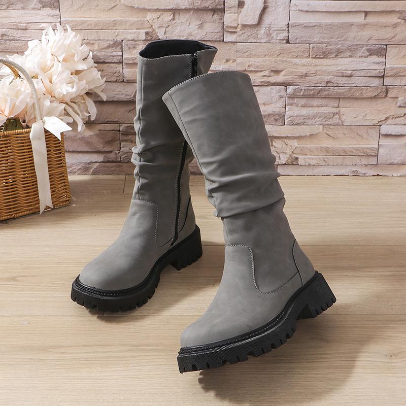 Plus Size Punk Platform Mid Calf Boots Women 2024 Side Zipper Pleated Pu Leather Boots Woman Thick Sole Brown Botas Mujer 43