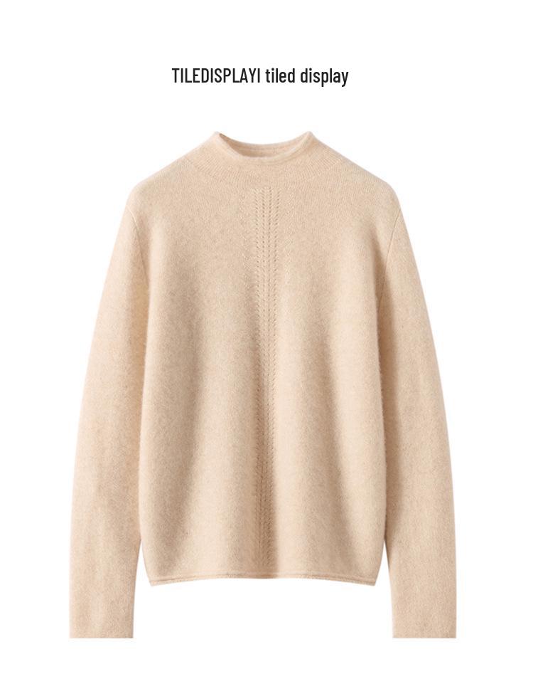Women's Cashmere Rolled Hem High-Collar Hollow Sweater - Loose Knit Base Layer for Autumn/Winter