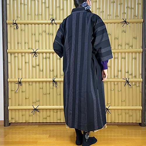 [momoten] [Amazon Exclusive Brand] Original Mizuyagi Kimono (Workwear, Samue, Haori, Bathrobe, Apron) Black Stripes, 120cm Long