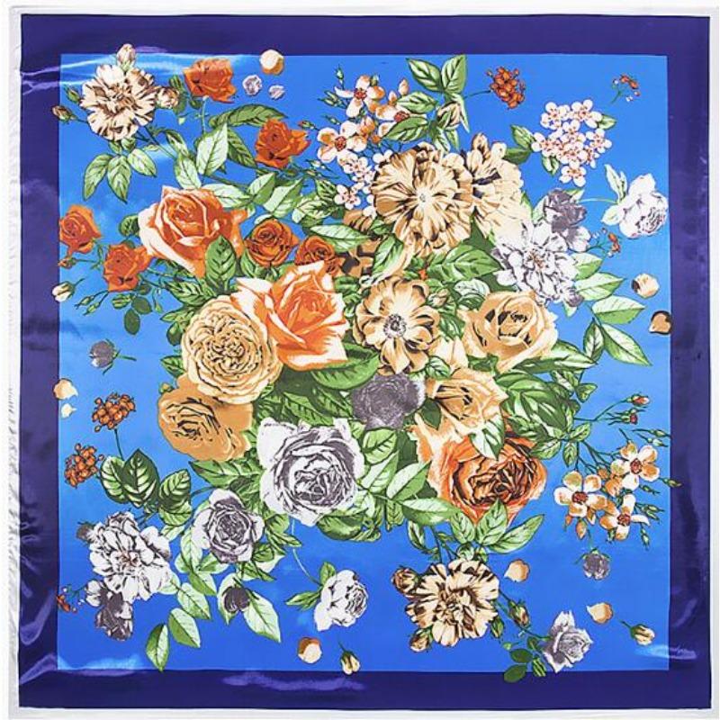 90*90cm Silk Scarf Women Fashion Designer Beautiful Flowers Foulard Soft Satin Shawl Scarfs Kerchief Square Neck Headscarf