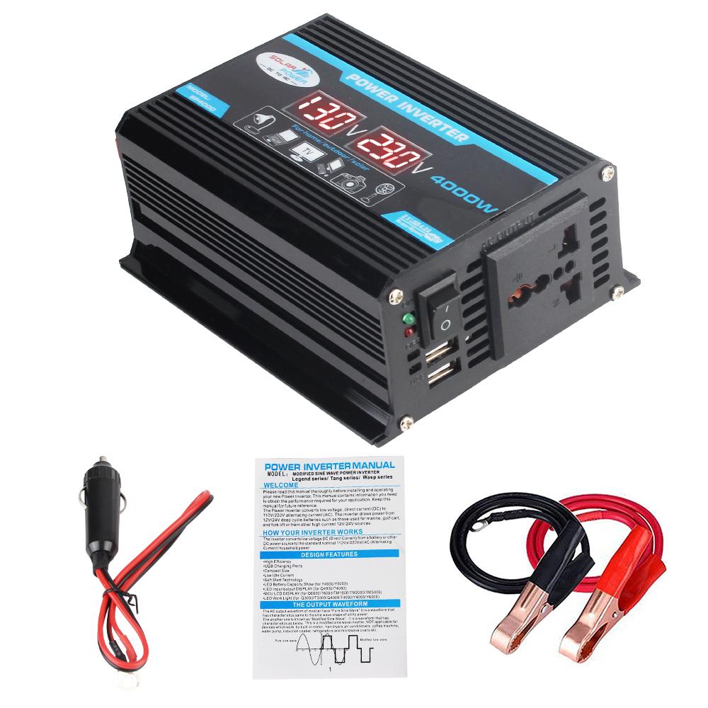 

Автомобильный инвертор, двойной USB-трансформатор напряжения, 4000 Вт, адаптер солнечного зарядного устройства, преобразователь 12 В 220 В, автомобильный инвертор с множественной защитой