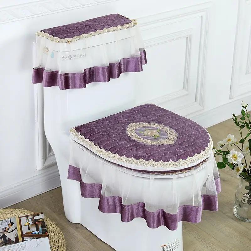 Ευρωπαϊκό κεντημένο πατάκι καθίσματος τουαλέτας Σετ τριών τεμαχίων Λούτρινο ζεστό ντουλάπι σκαμπό κάλυμμα σκόνης δαντέλα άκρο διάφανο μαξιλάρι καθίσματος τουαλέτας