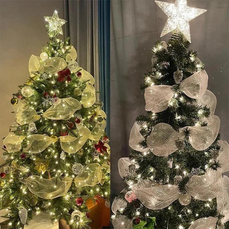 Golden Grid Ribbon Christmas Tree Decoration Mesh Tulle Roll Fabric Pendant For Christmas Decor Party Home Room Xmas Wreath Gift