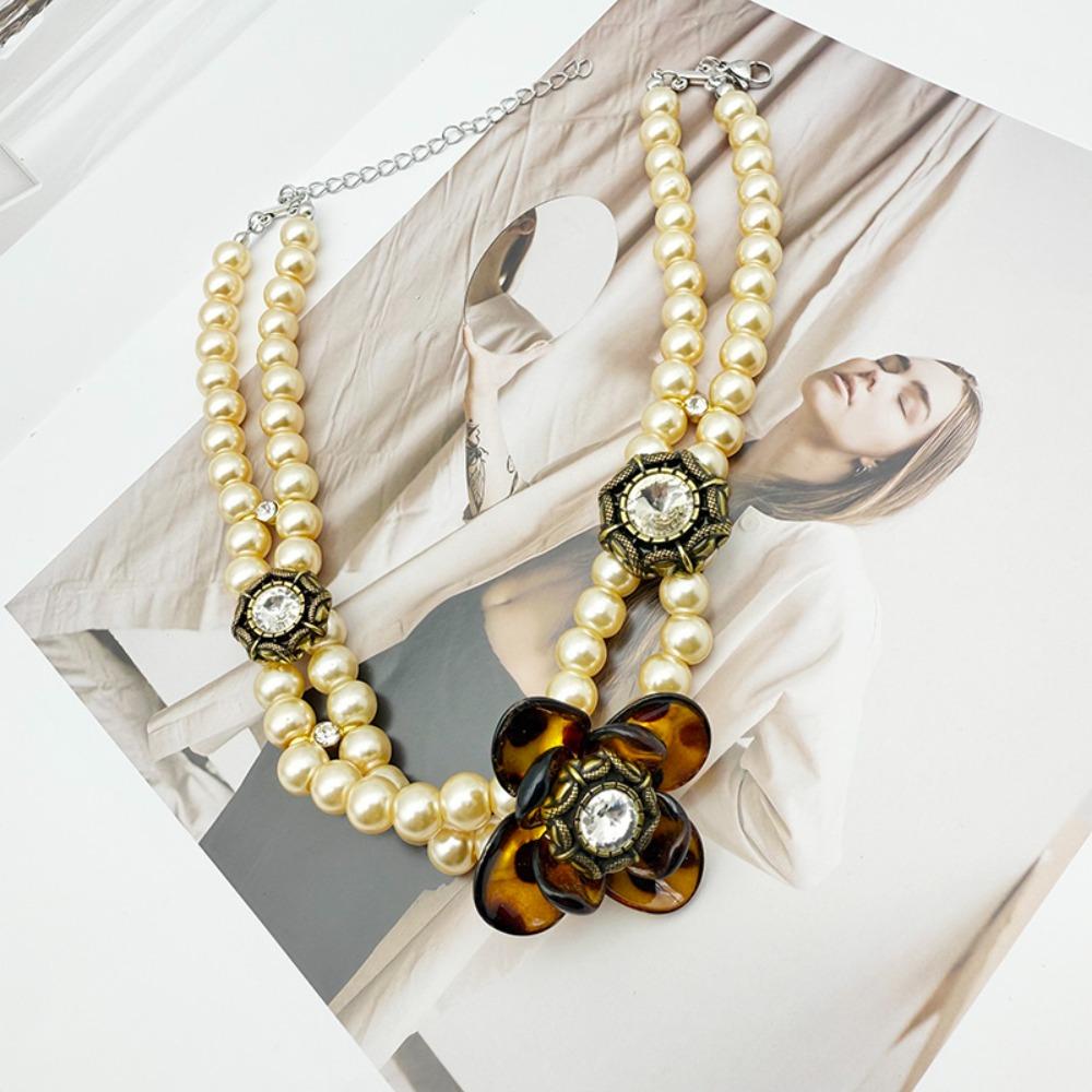 Rhinestone Flower Heart Necklace Leopard Clavicle Chain Fashion Pearl Beaded Choker  Girls