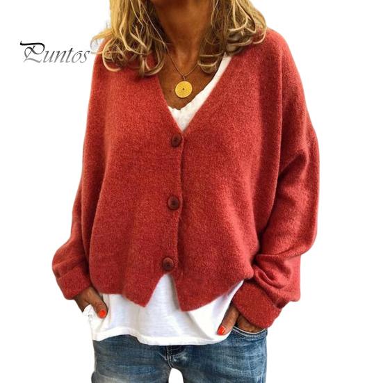 

Женский свитер, пальто с V-образным вырезом, длинный рукав, однобортный вязаный свитер, однотонный свободный крой, свитер, кардиган S красный