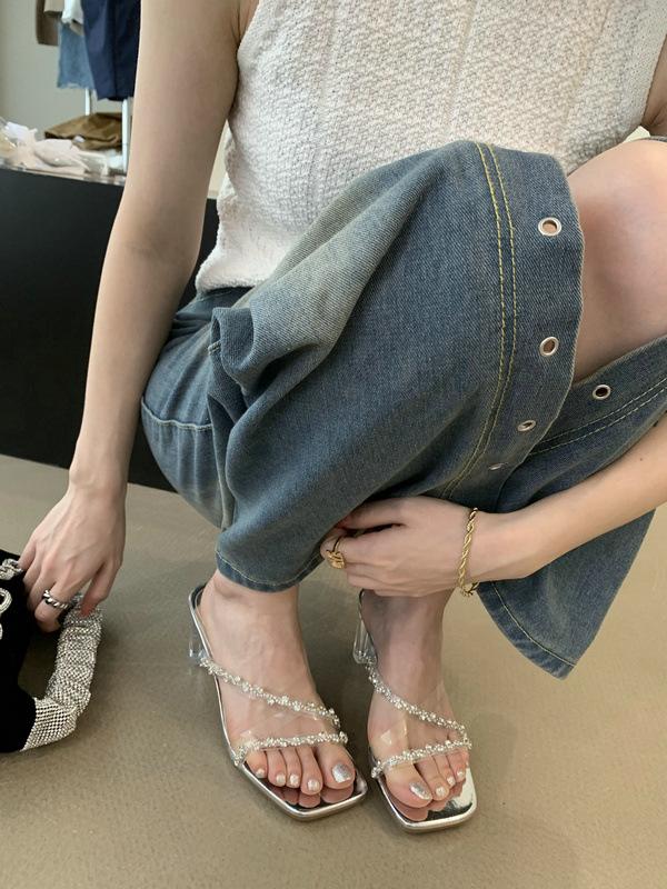Square Head with Rhinestone High Heels Women's New Thick Heel Transparent Crystal Heel Sandals One Pedal