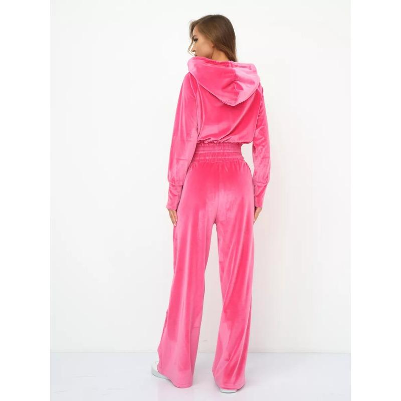 Women Casual Solid Color Zip Up Hooded Sweatshirt Wide Leg Pants Two Piece Set